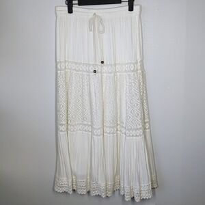 Magic Tiered Midi Skirt Womens XL Ivory Bohemian Gypsy Festival Crochet Cottage